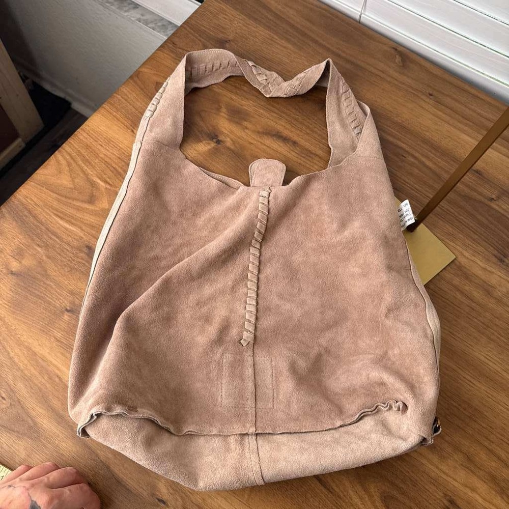 Haute Hippie Tan Suede Boho Slouchy Hobo Shoulder Bag Handbag Whipstitch Detail - Picture 5 of 16